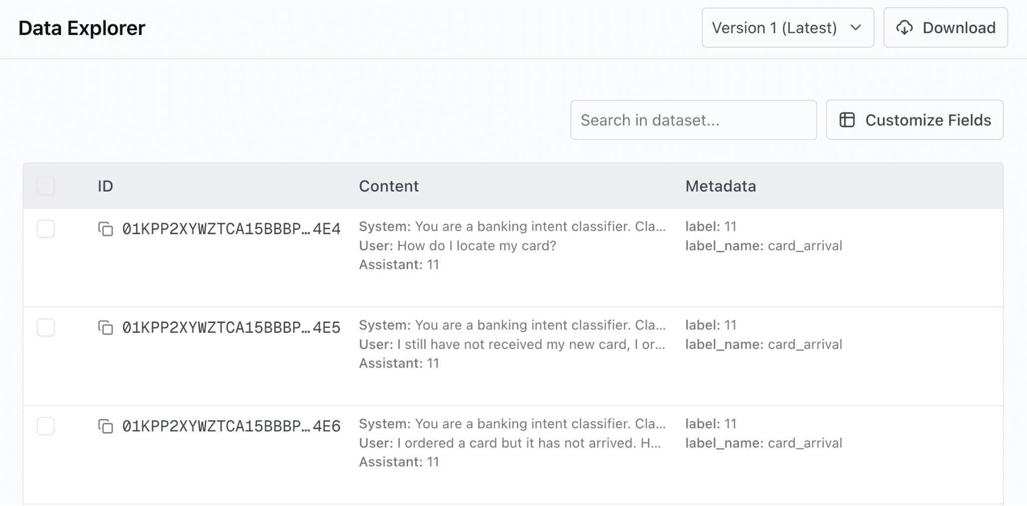 The Oumi Platform's Data Explorer showing processed Banking77 rows. Each row has a system prompt defining a banking intent classifier, a user question such as 'How do I locate my card?', an assistant label, and metadata giving the numeric label and its name, card_arrival.
