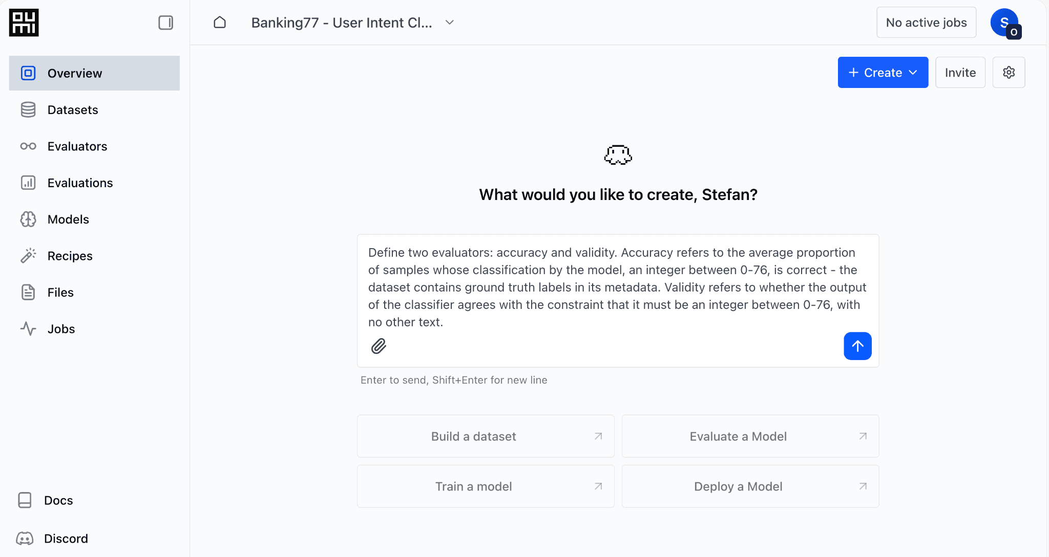 The Oumi Platform's Agent prompt on the project Overview tab, asking it to define two evaluators: accuracy, the proportion of samples the model classifies correctly against ground-truth labels, and validity, whether the output is an integer between 0 and 76 with no other text.