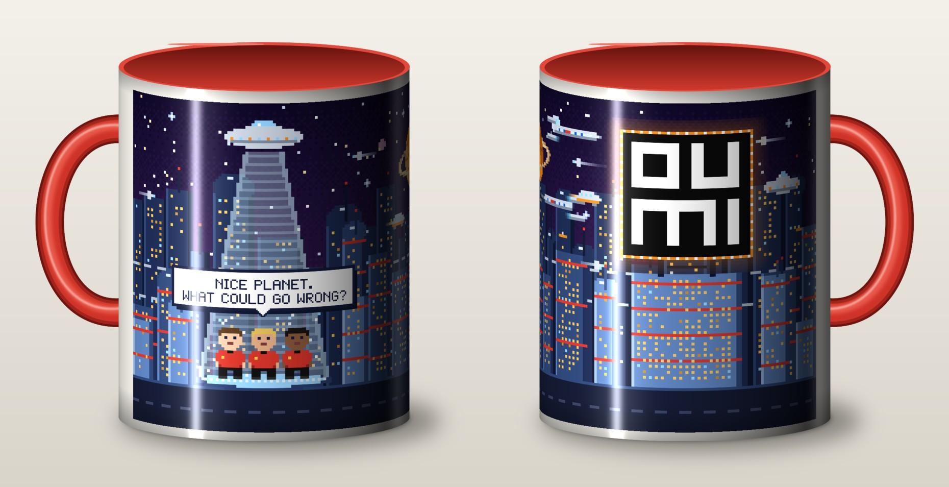 The limited edition Starfleet Insurance mug, front and back. One side shows three pixel-art red shirts beaming down under a flying saucer, saying "Nice planet. What could go wrong?" The other shows the Oumi logo glowing over a night city, with red rim and handle.