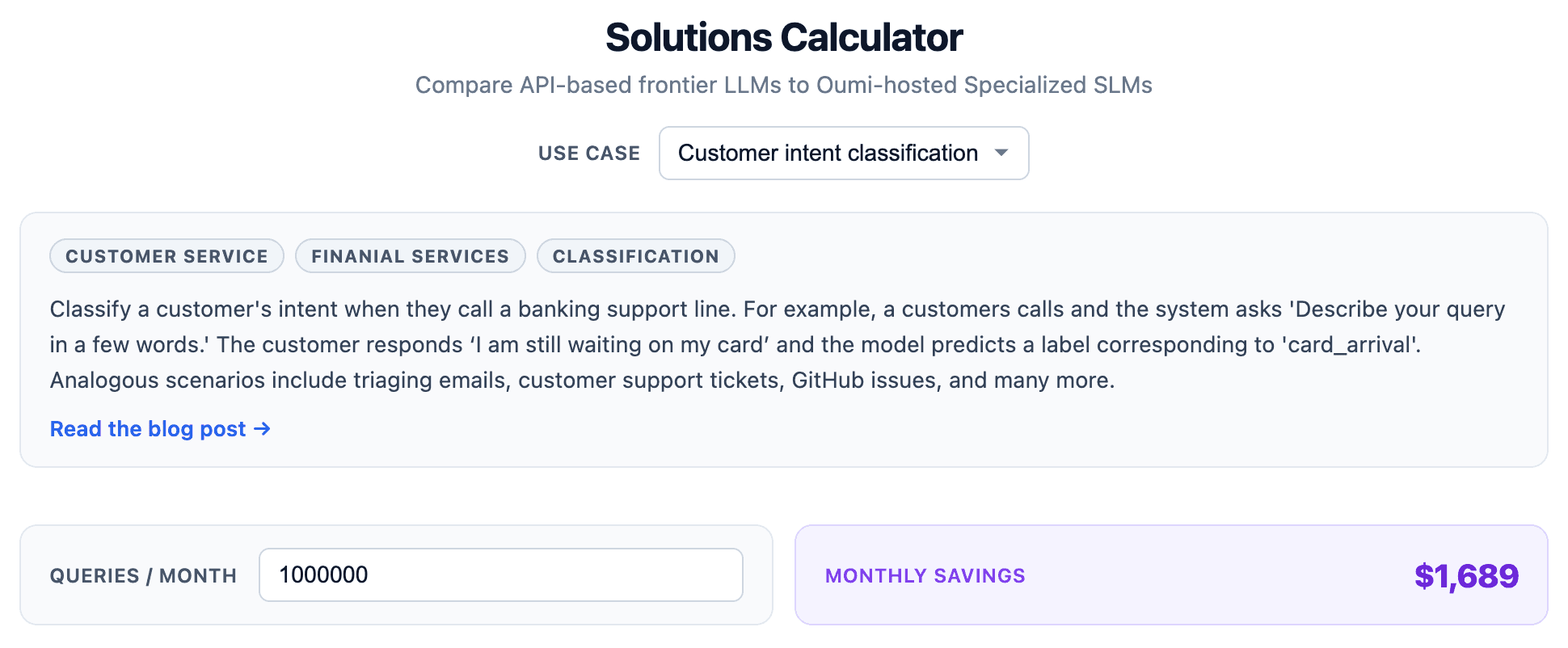 Oumi Solutions Calculator comparing API-based frontier LLMs to Oumi-hosted specialized SLMs, set to the customer intent classification use case at 1,000,000 queries per month with a monthly savings of $1,689.