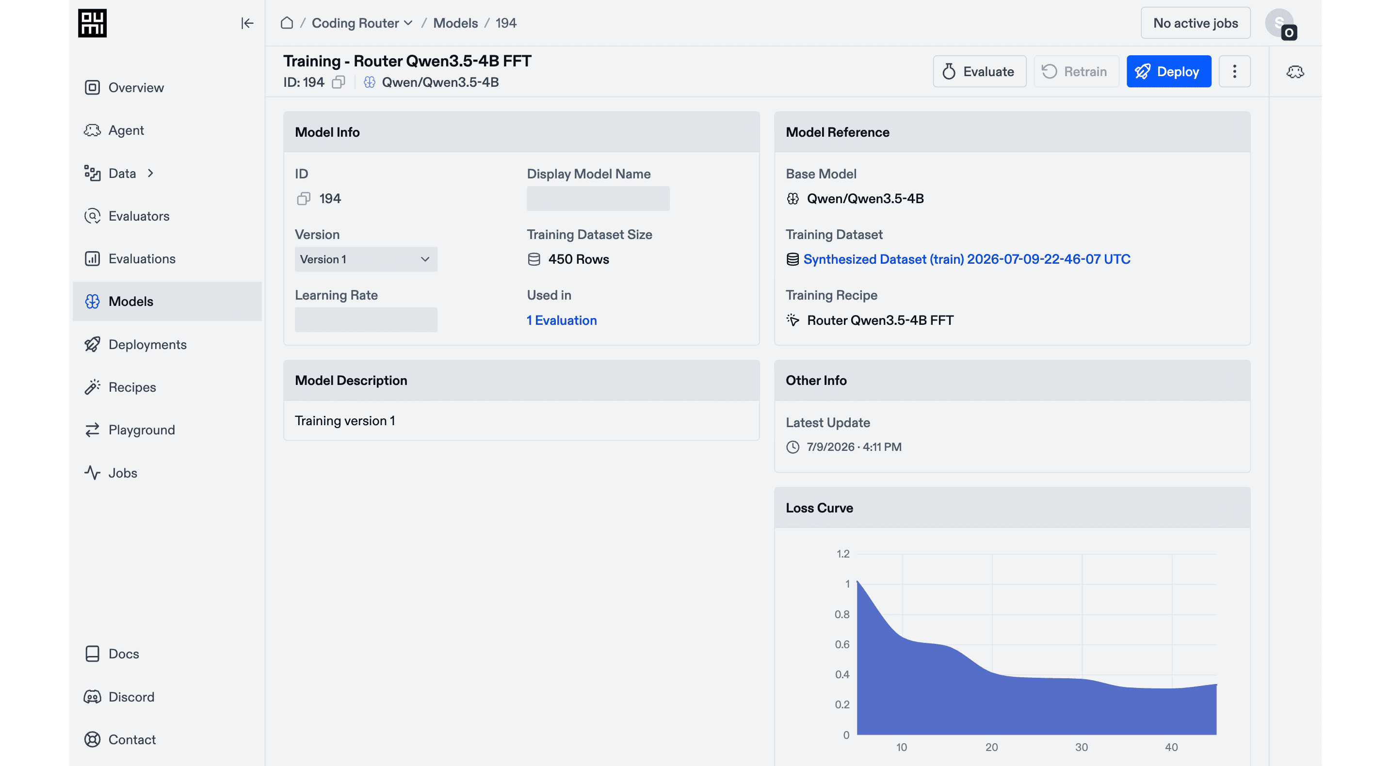 Train: Train a specialized model and watch the loss curve settle in minutes.
